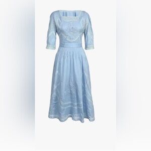 J Peterman Lady Meux Lawn Dress Blue Embroidered Cotton Victorian Cottagecore 12